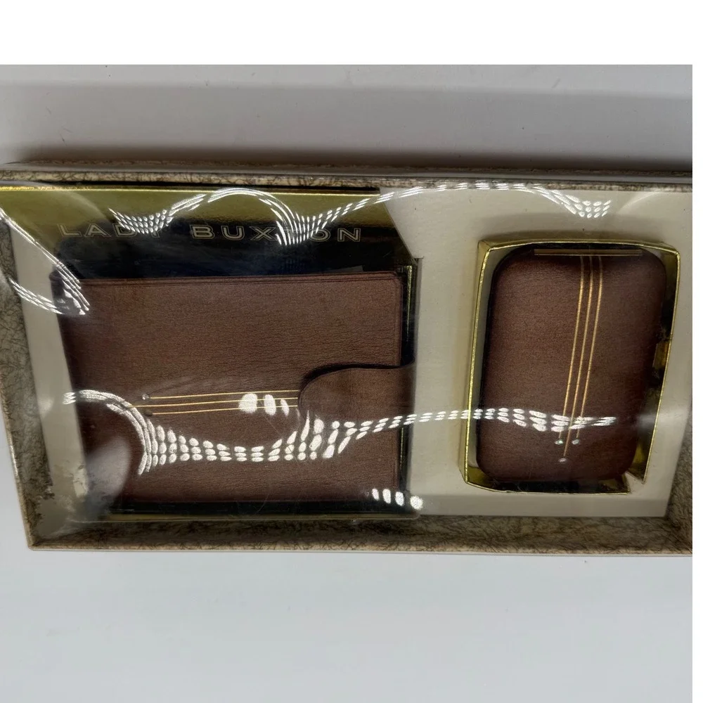 Vintage Lady Buxton Brown Mello Cowhide Wallet and Key Case Set Gold Accents